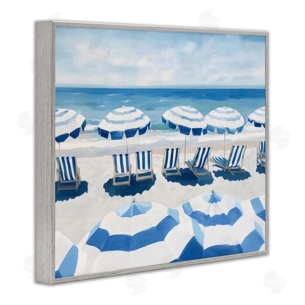 Sisi and Seb Beach Nice Blue Striped Umbrellas Gray Framed Giclee Wall Art Print