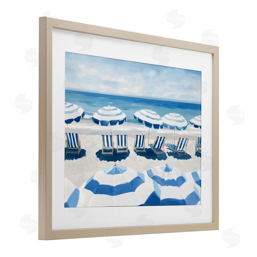 Sisi and Seb Beach Nice Blue Striped Umbrellas Brown Framed Print Under Glass with Matting Wall Art