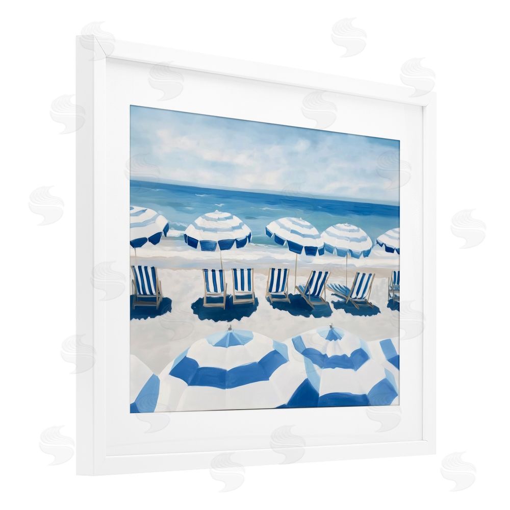 Sisi and Seb Beach Nice Blue Striped Umbrellas White Framed Print Under Glass with Matting Wall Art