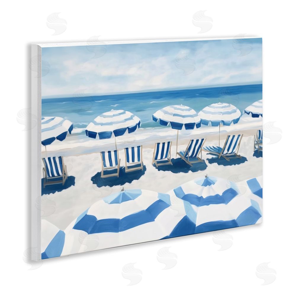 Sisi and Seb Beach Nice Blue Striped Umbrellas Wall Plaque Art Print with White Foil Wrap