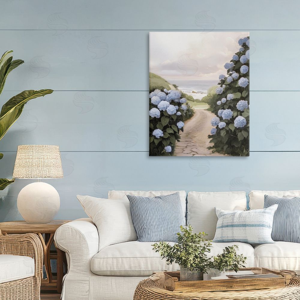 Sisi and Seb Coastal Hydrangea Pathway Stretched Canvas Wall Art in Room