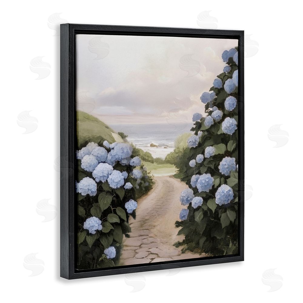 Sisi and Seb Coastal Hydrangea Pathway Black Floating Frame Canvas Wall Art Print