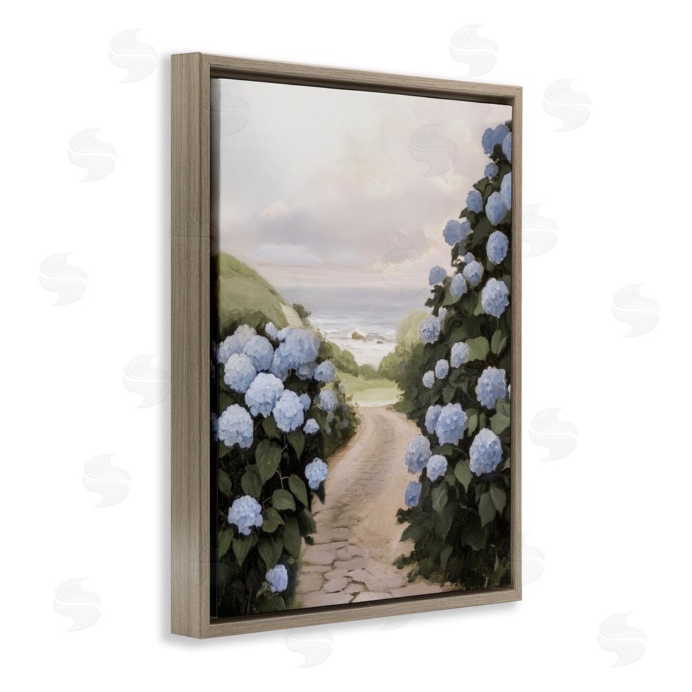 Sisi and Seb Coastal Hydrangea Pathway Brown Floating Frame Canvas Wall Art Print