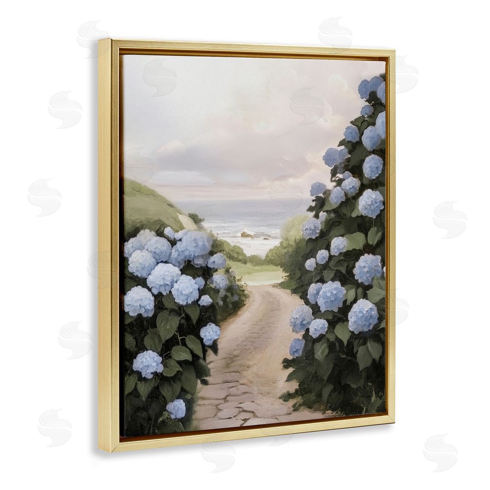 Sisi and Seb Coastal Hydrangea Pathway Gold Floating Frame Canvas Wall Art Print