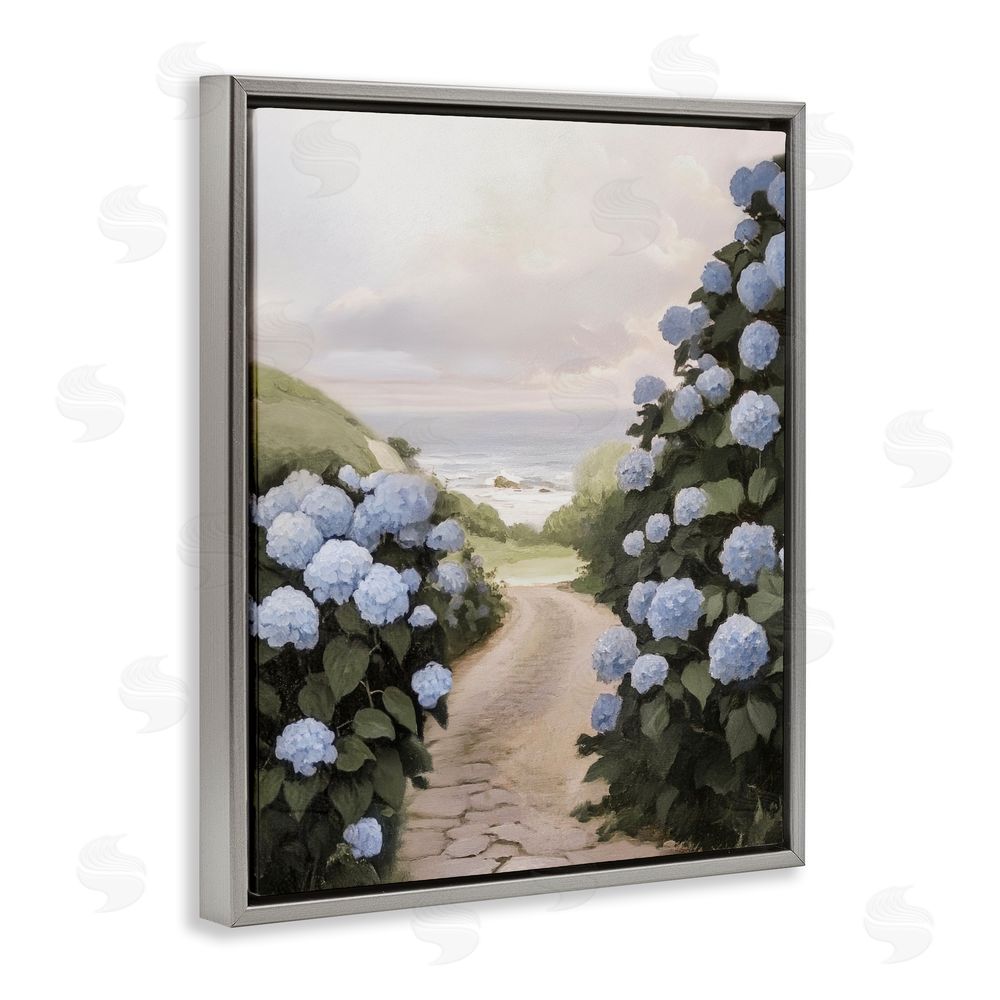 Sisi and Seb Coastal Hydrangea Pathway Gray Floating Frame Canvas Wall Art Print