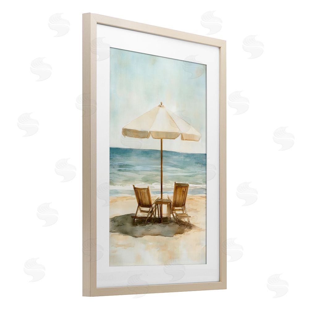 Petal Prints Design Watercolor Paradise Seaside Retreat Brown Framed Print Under Glass with White Mat Wall Art