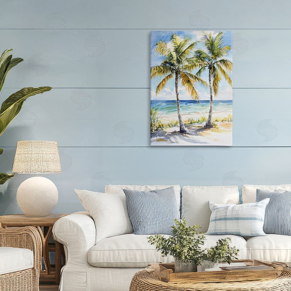 Petal Prints Design Sandy Palms Duo Ocean View Stretched Canvas on Wall