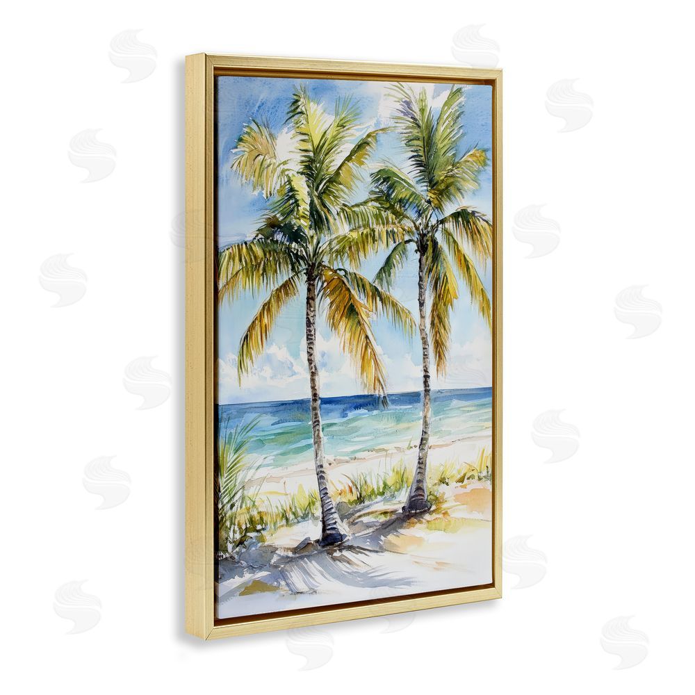 Petal Prints Design Sandy Palms Duo Ocean View Gold Floating Framed Canvas Wall Art Print
