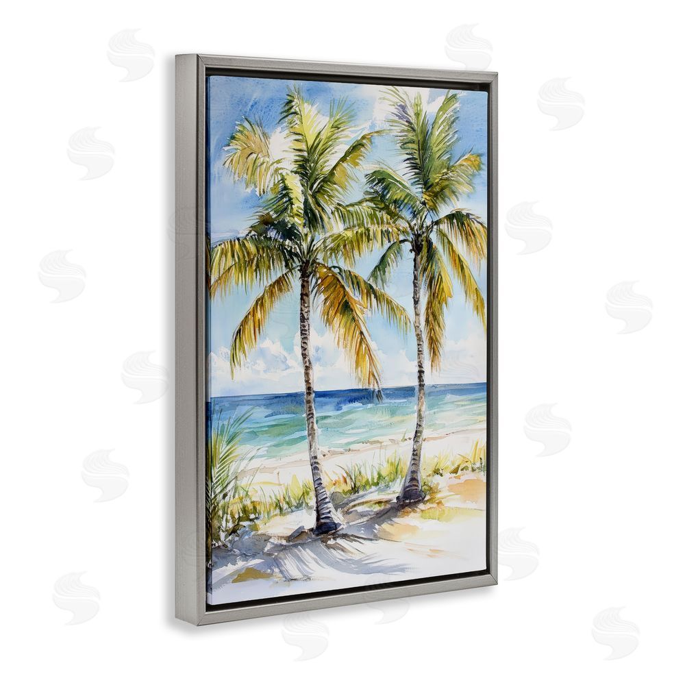 Petal Prints Design Sandy Palms Duo Ocean View Gray Floating Framed Canvas Wall Art Print