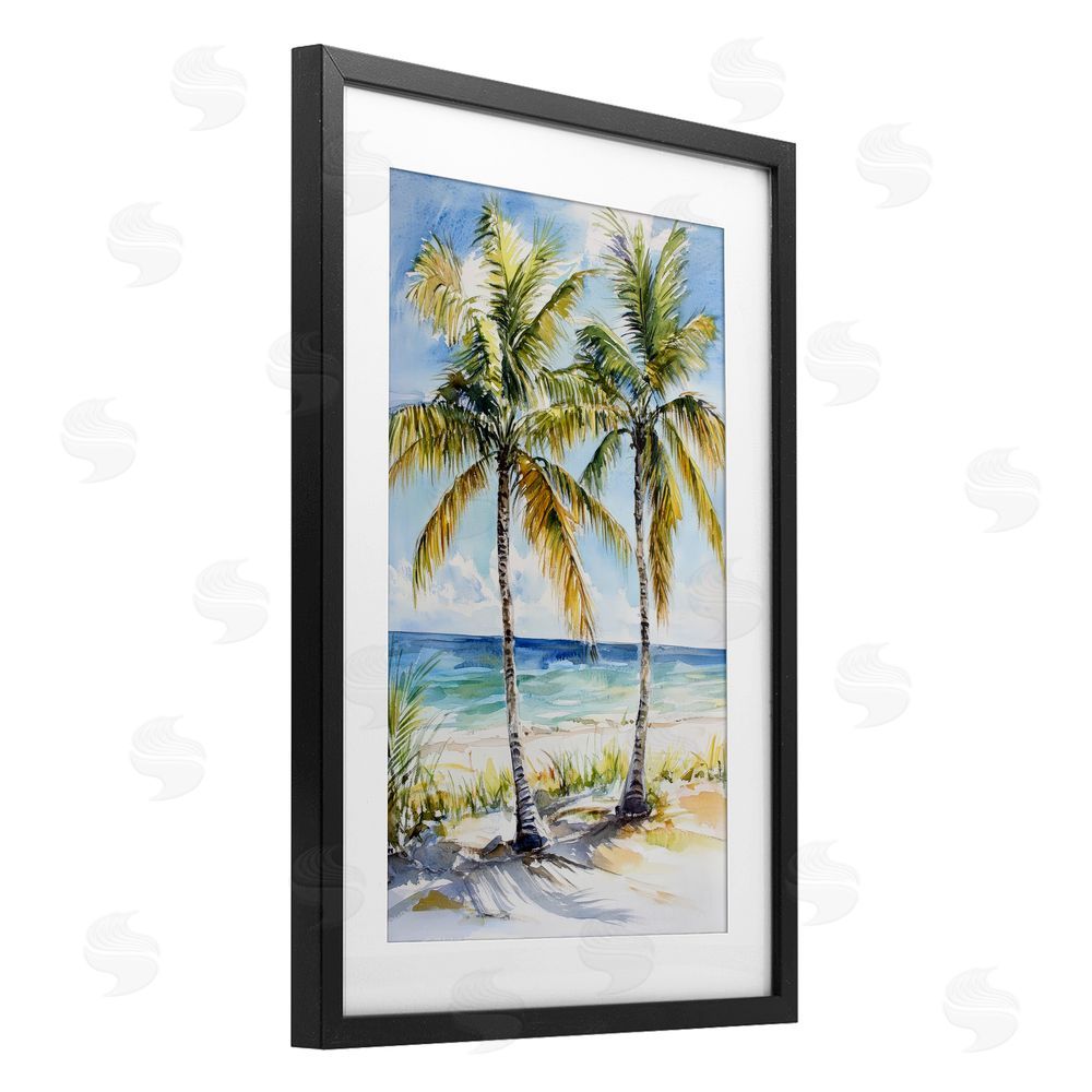 Petal Prints Design Sandy Palms Duo Ocean View Black Framed Print Under Glass with White Mat Wall Art