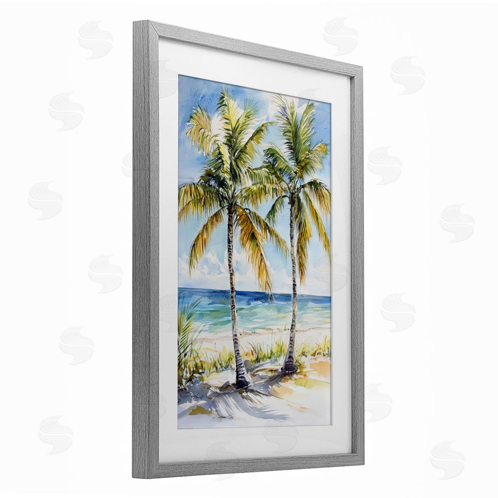 Petal Prints Design Sandy Palms Duo Ocean View Gray Framed Print Under Glass with White Mat Wall Art