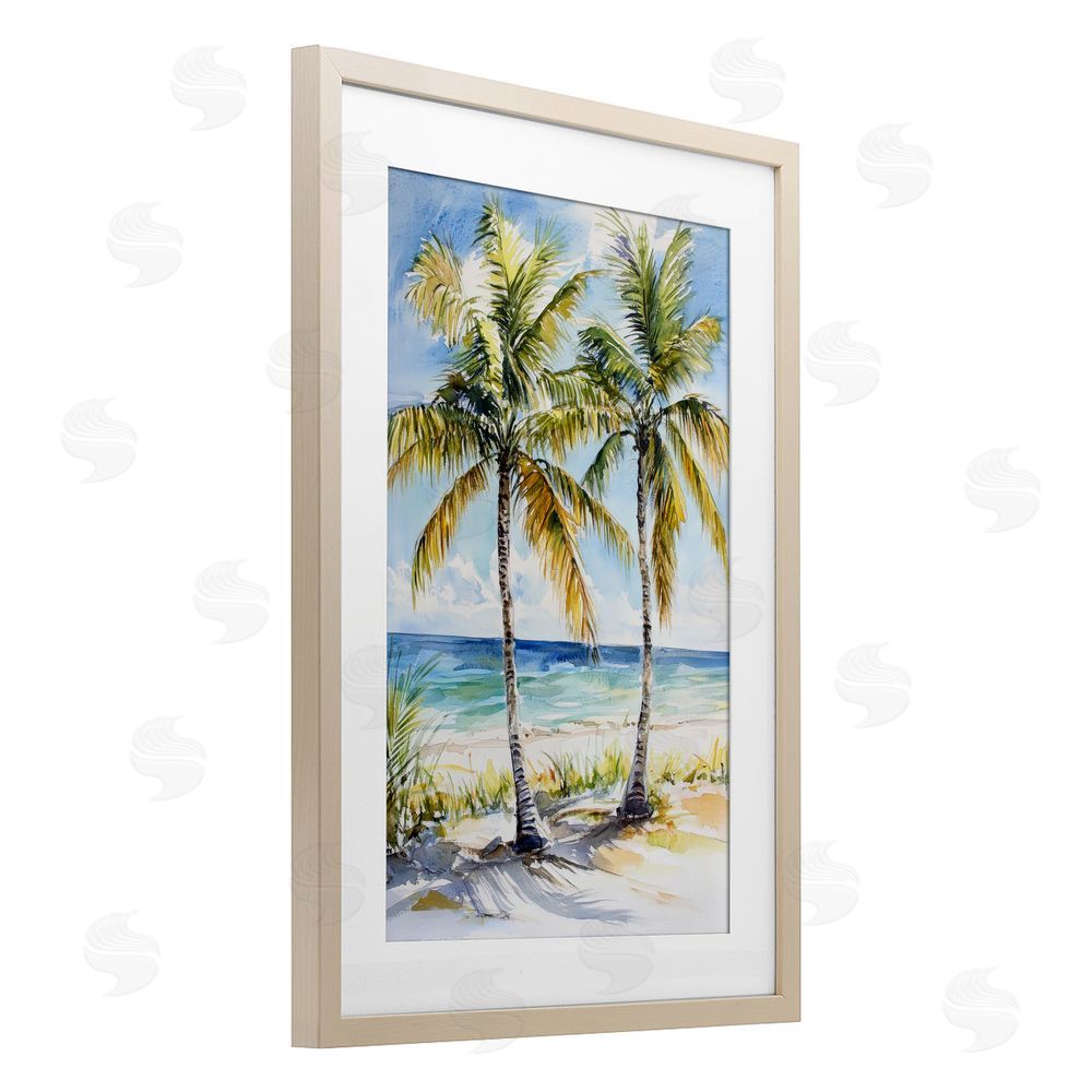 Petal Prints Design Sandy Palms Duo Ocean View Brown Framed Print Under Glass with White Mat Wall Art