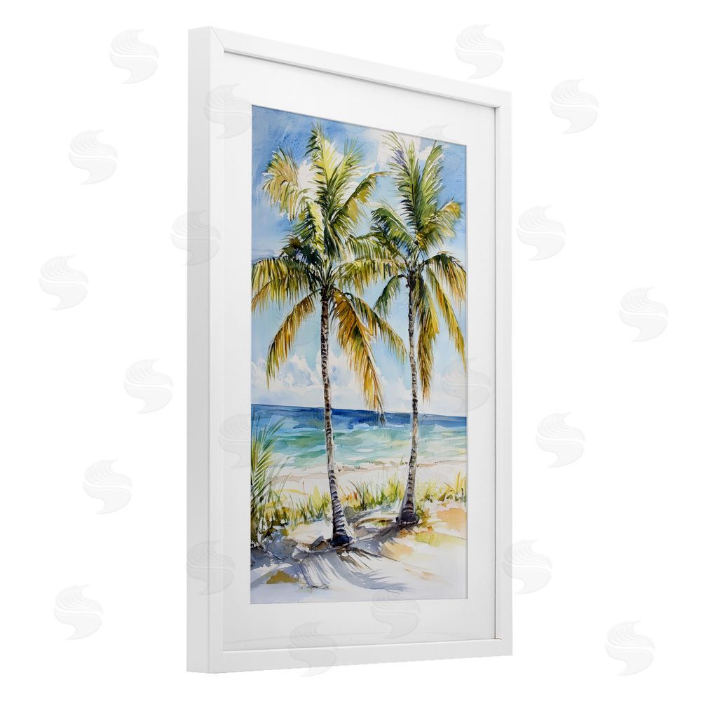 Petal Prints Design Sandy Palms Duo Ocean View White Framed Print Under Glass with White Mat Wall Art