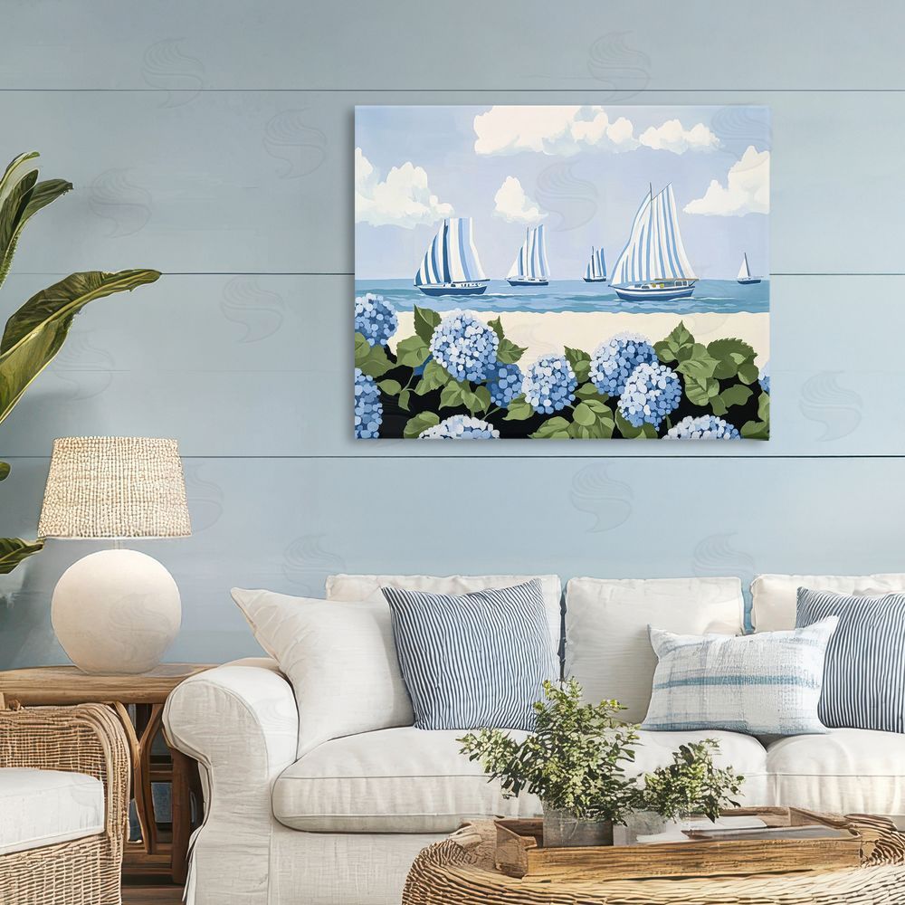 Sisi and Seb Striped Sails & Seaside Hydrangeas Stretched Canvas on Wall