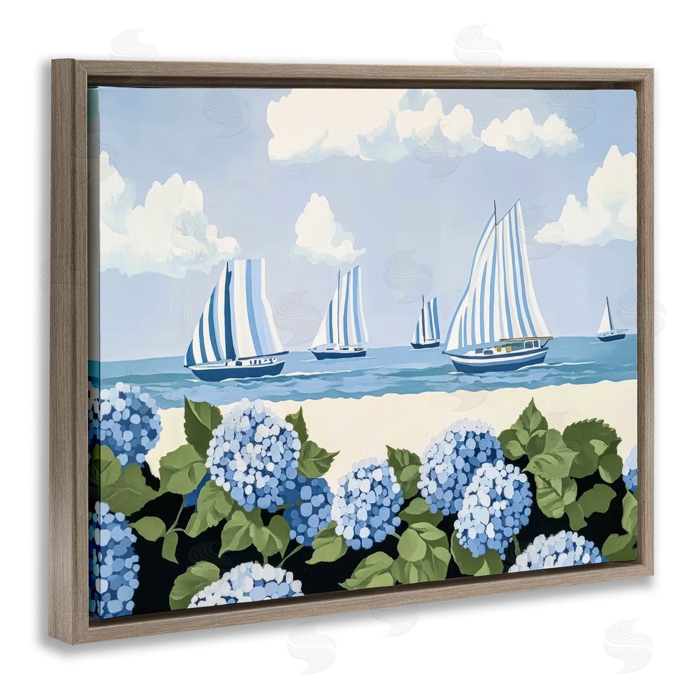 Sisi and Seb Striped Sails & Seaside Hydrangeas Brown Floating Framed Canvas Wall Art Print