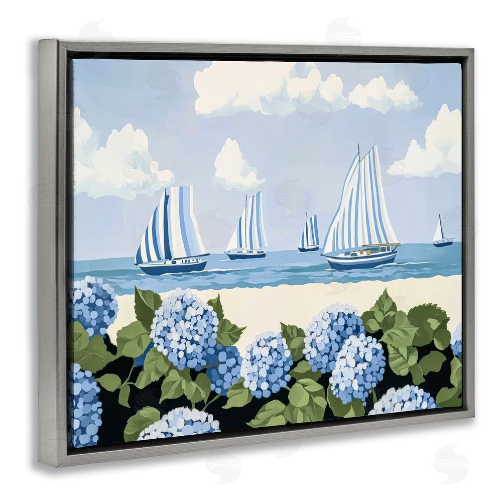 Sisi and Seb Striped Sails & Seaside Hydrangeas Gray Floating Framed Canvas Wall Art Print
