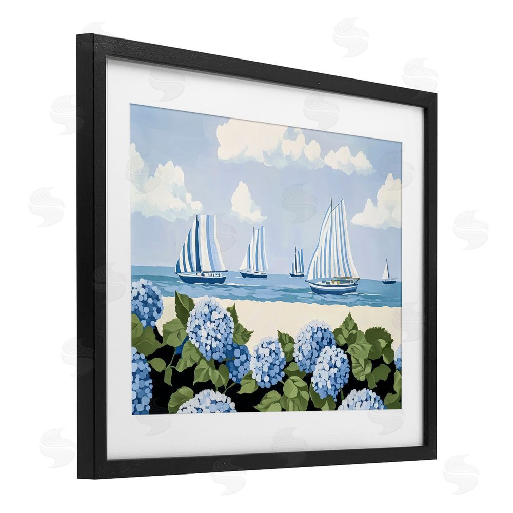 Sisi and Seb Striped Sails & Seaside Hydrangeas Black Framed Print Under Glass with White Mat Wall Art