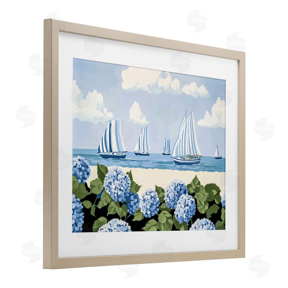 Sisi and Seb Striped Sails & Seaside Hydrangeas Brown Framed Print Under Glass with White Mat Wall Art