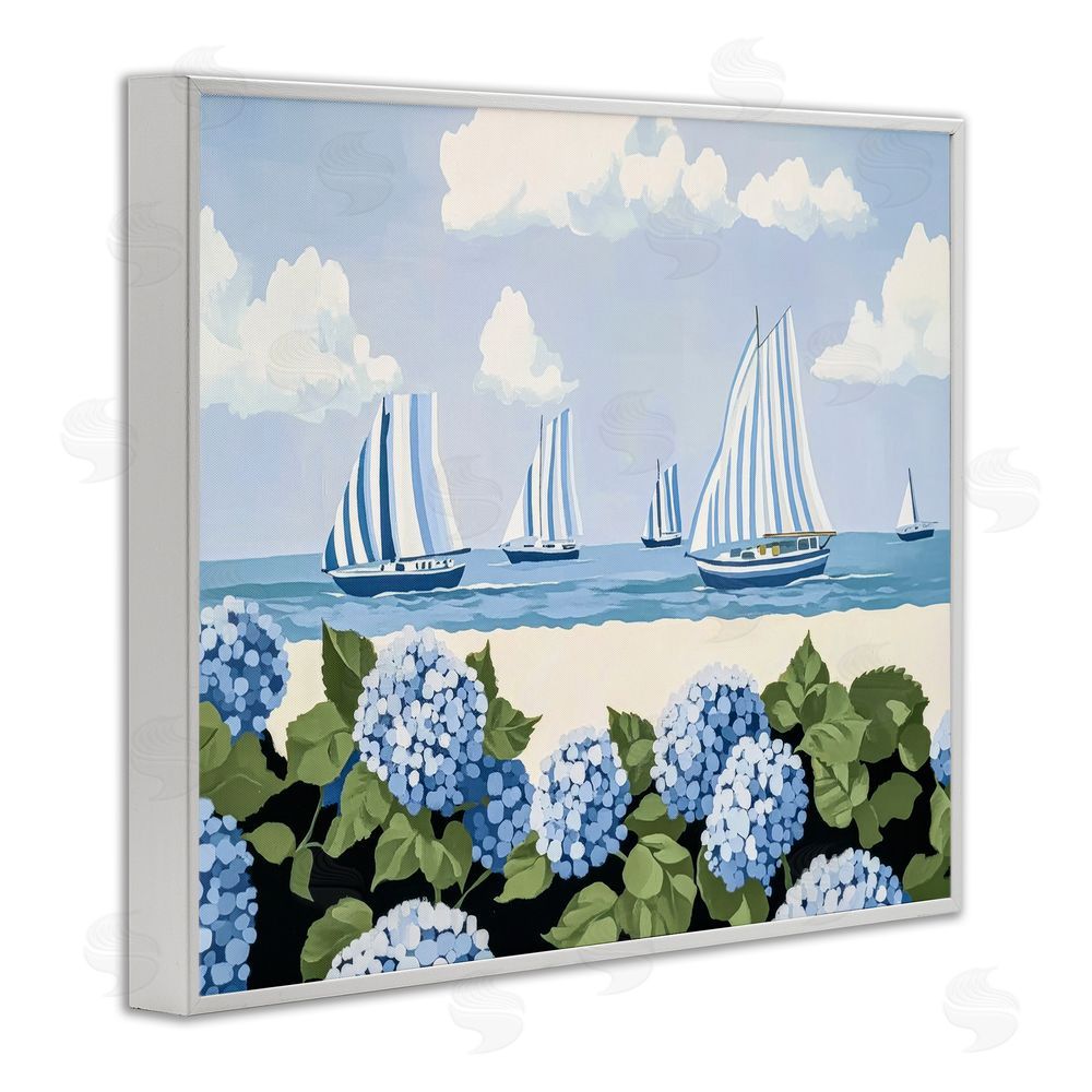 Sisi and Seb Striped Sails & Seaside Hydrangeas White Framed Giclee Wall Art Print