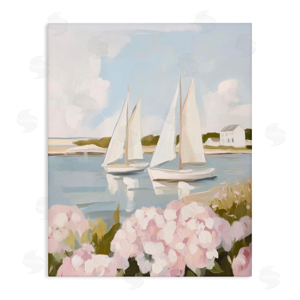 Sisi and Seb Sailboat Duo with Pink Hydrangeas Stretched Canvas Wall Art Print