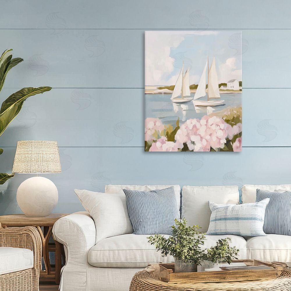 Sisi and Seb Sailboat Duo with Pink Hydrangeas Stretched Canvas on Wall