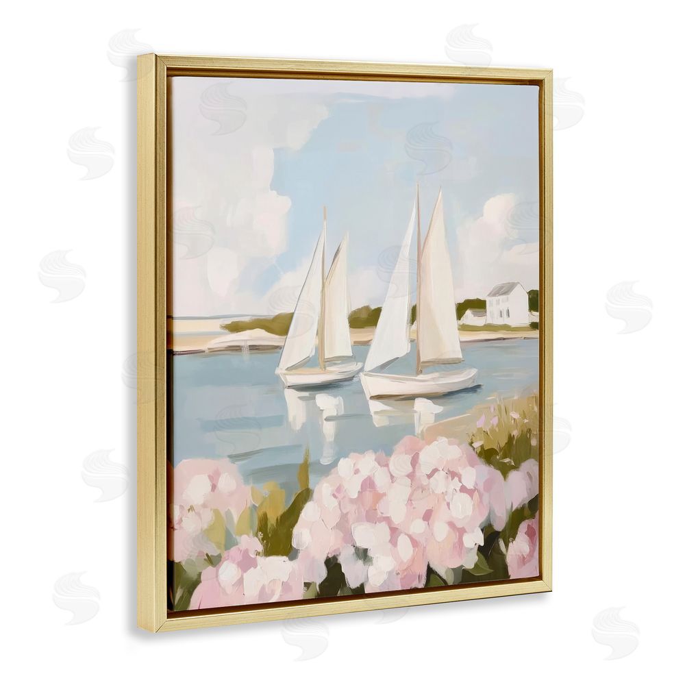 Sisi and Seb Sailboat Duo with Pink Hydrangeas Gold Floating Framed Canvas Wall Art Print