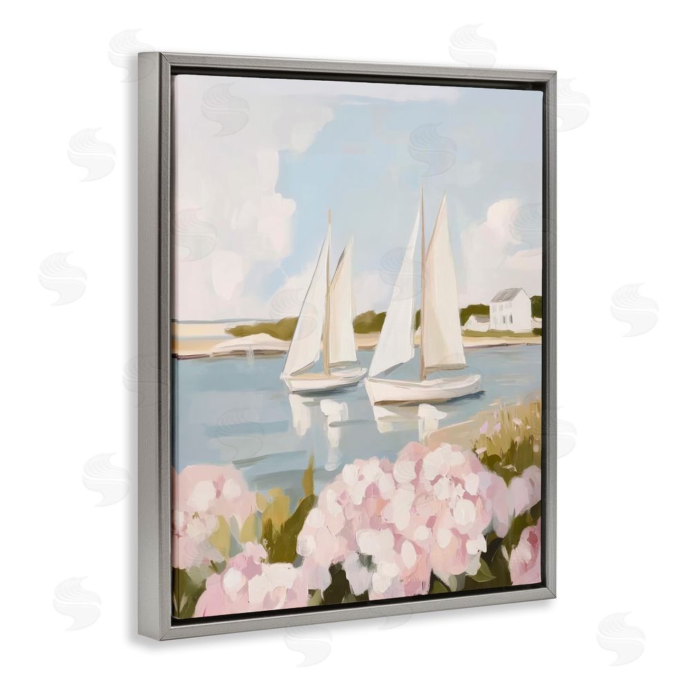 Sisi and Seb Sailboat Duo with Pink Hydrangeas Gray Floating Framed Canvas Wall Art Print