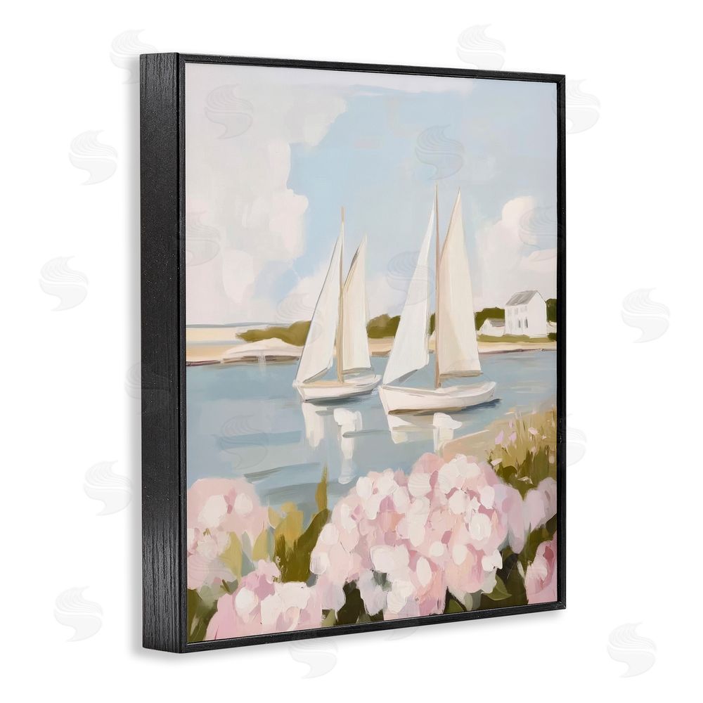 Sisi and Seb Sailboat Duo with Pink Hydrangeas Black Framed Giclee Wall Art Print