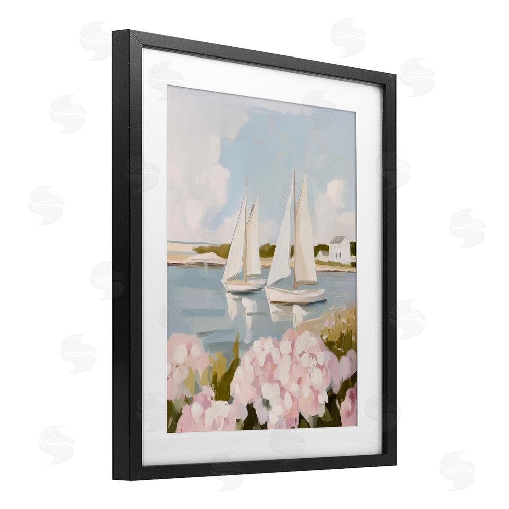 Sisi and Seb Sailboat Duo with Pink Hydrangeas Black Framed Print Under Glass with White Mat Wall Art