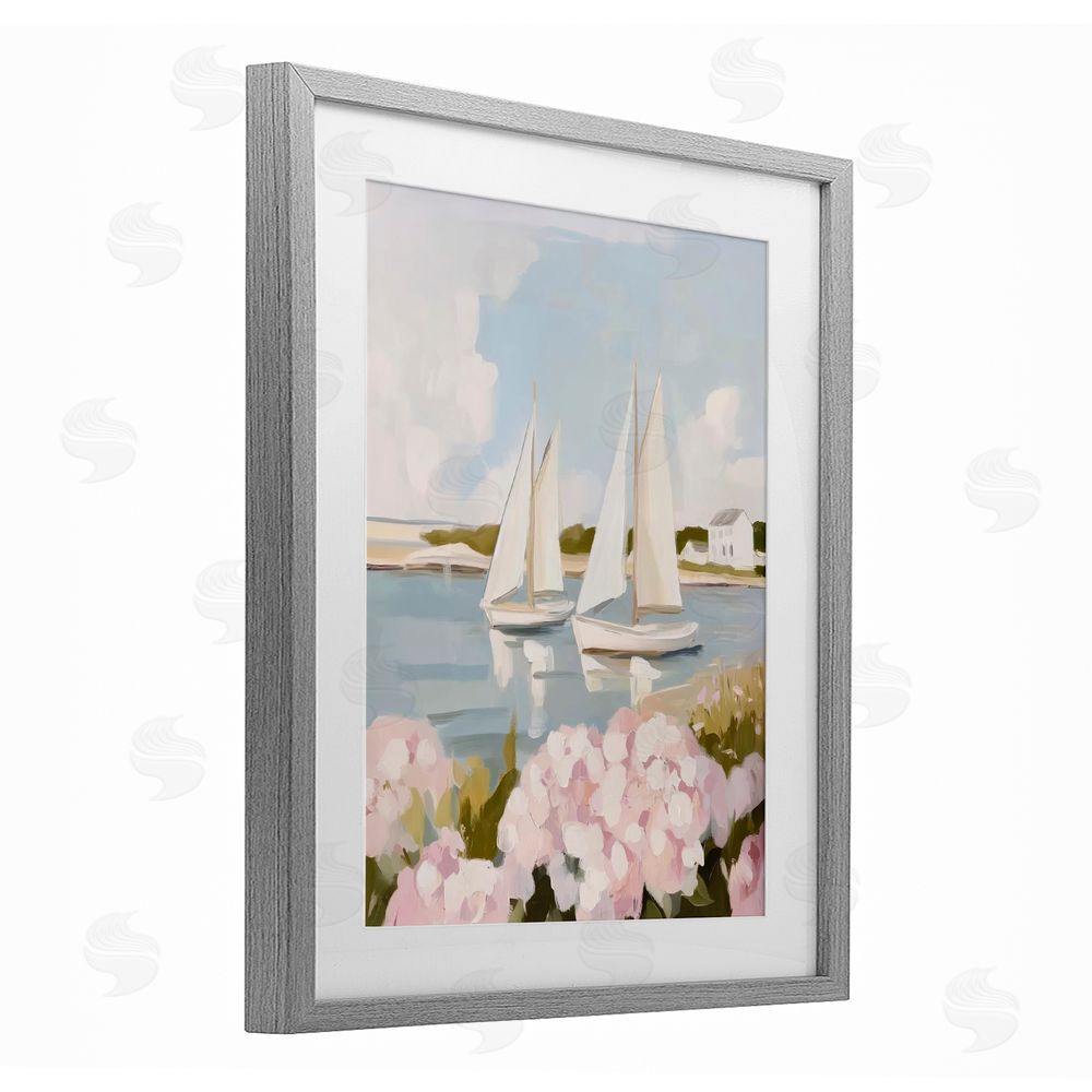 Sisi and Seb Sailboat Duo with Pink Hydrangeas Gray Framed Print Under Glass with White Mat Wall Art