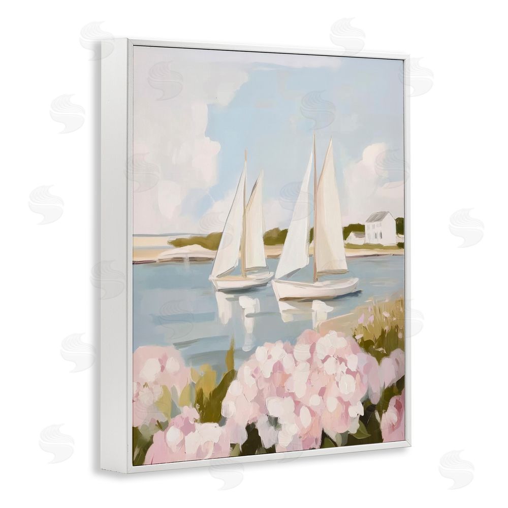 Sisi and Seb Sailboat Duo with Pink Hydrangeas White Framed Giclee Wall Art Print