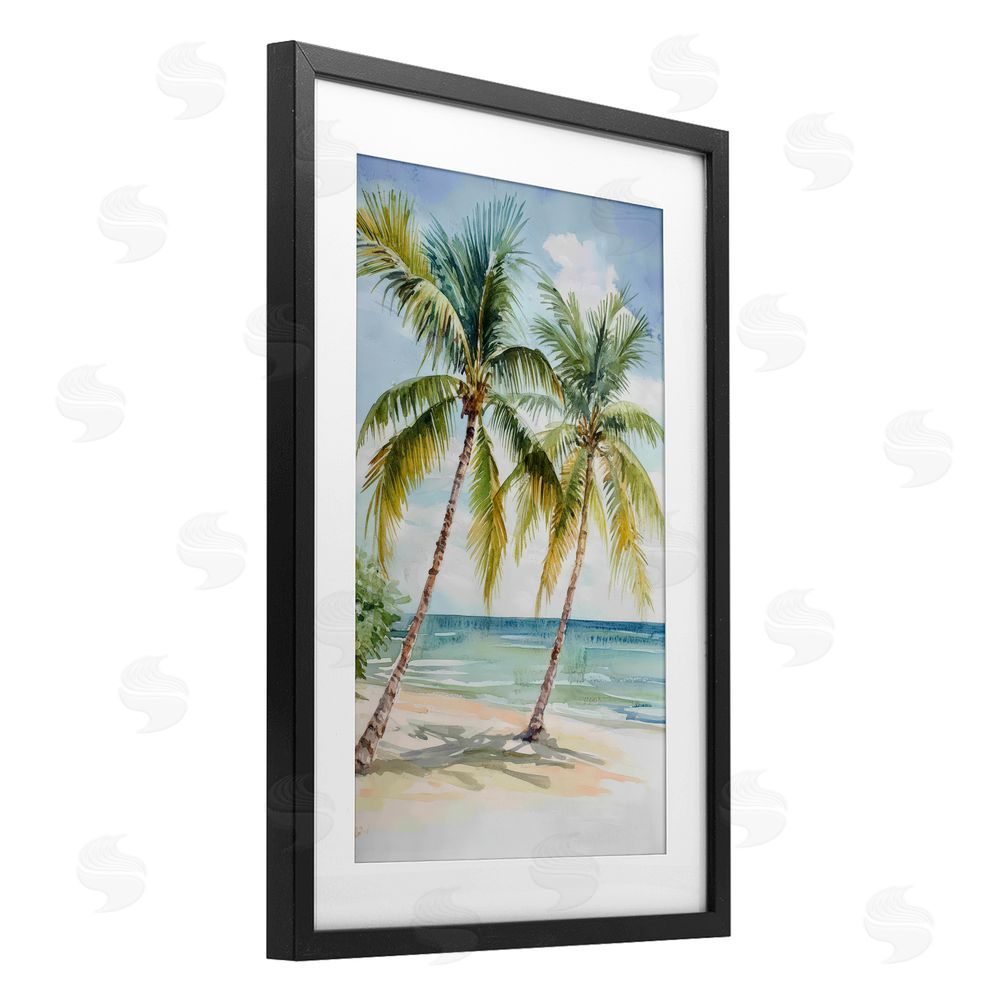 Petal Prints Design Shady Palm Beach Escape Black Framed Print Under Glass with White Mat Wall Art