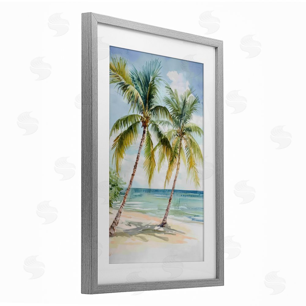 Petal Prints Design Shady Palm Beach Escape Gray Framed Print Under Glass with White Mat Wall Art
