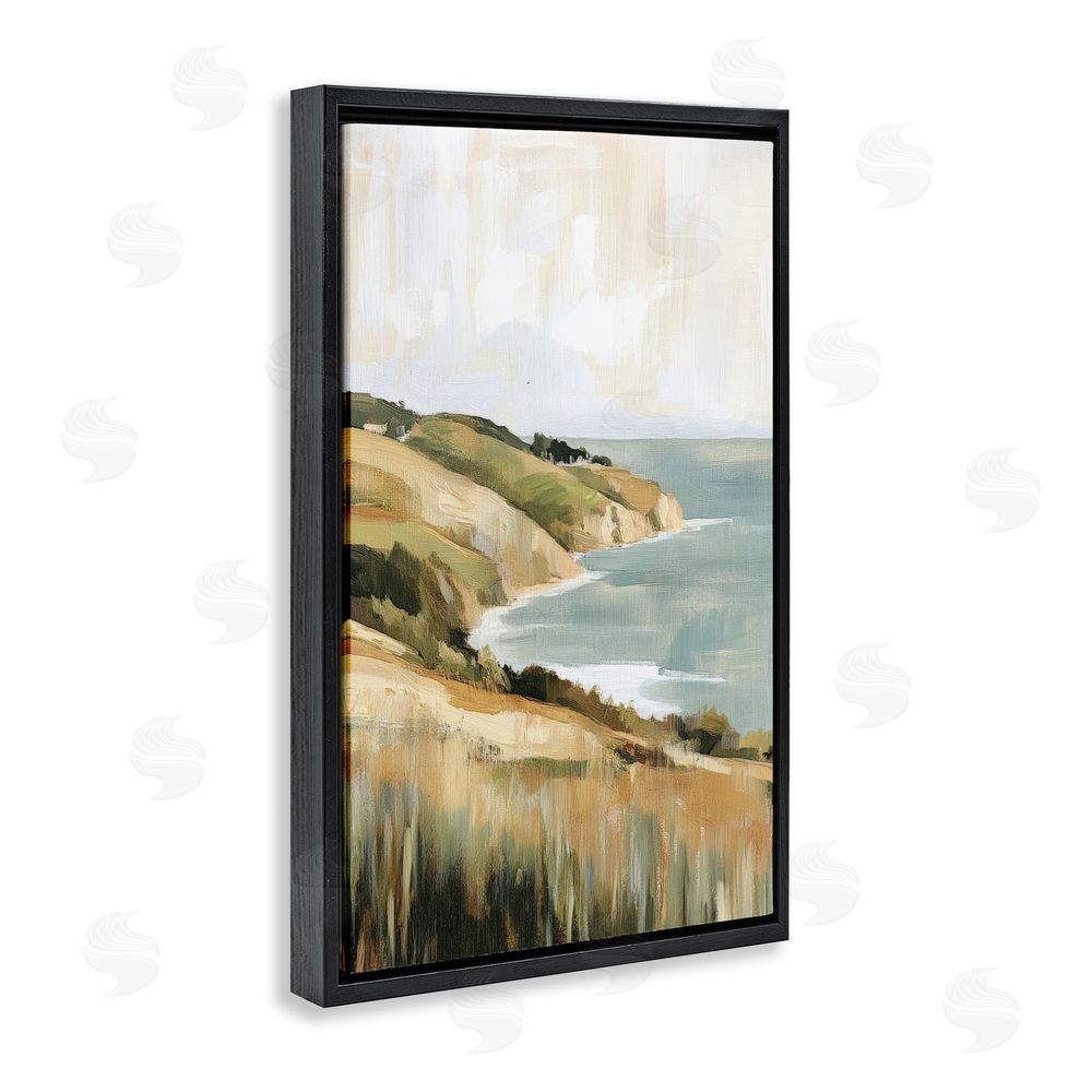 Petal Prints Design Serene Cliff Coast Landscape Black Floating Framed Canvas Wall Art Print