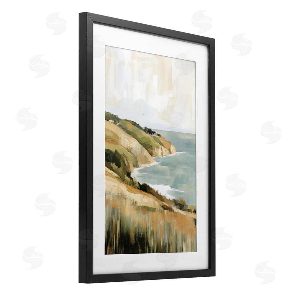 Petal Prints Design Serene Cliff Coast Landscape Black Framed Print Under Glass with White Mat Wall Art