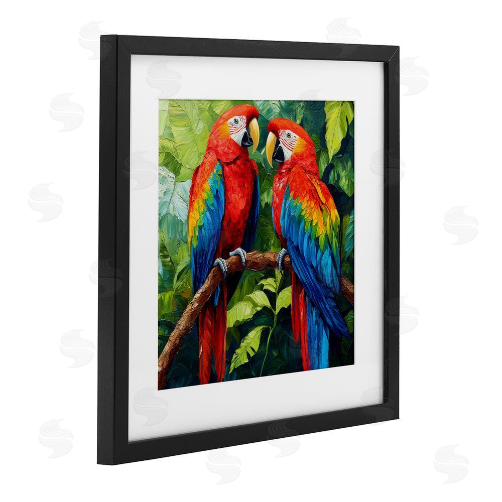 Petal Prints Design Tropical Parrot Pair Black Framed Print Under Glass with White Mat Wall Art
