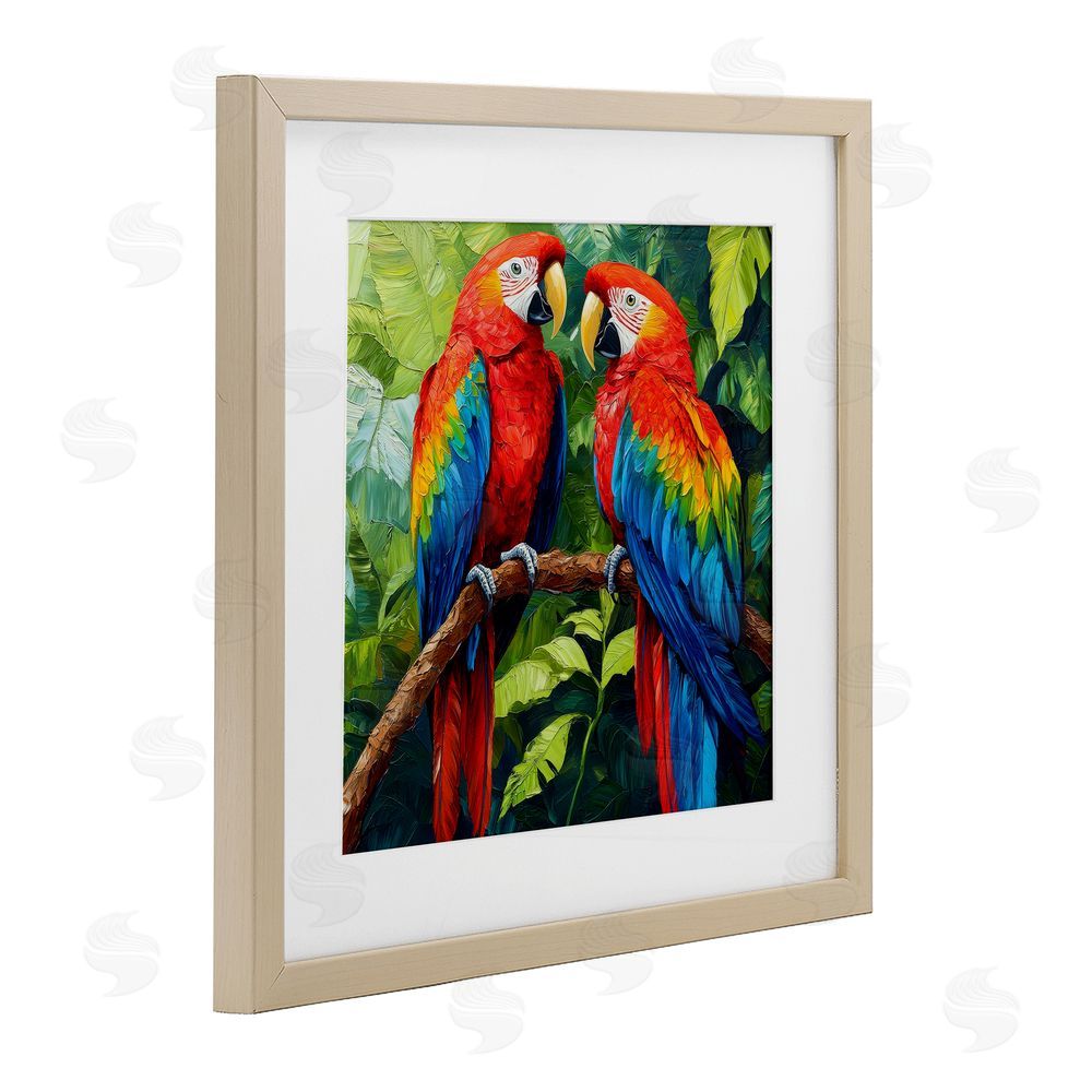 Petal Prints Design Tropical Parrot Pair Brown Framed Print Under Glass with White Mat Wall Art