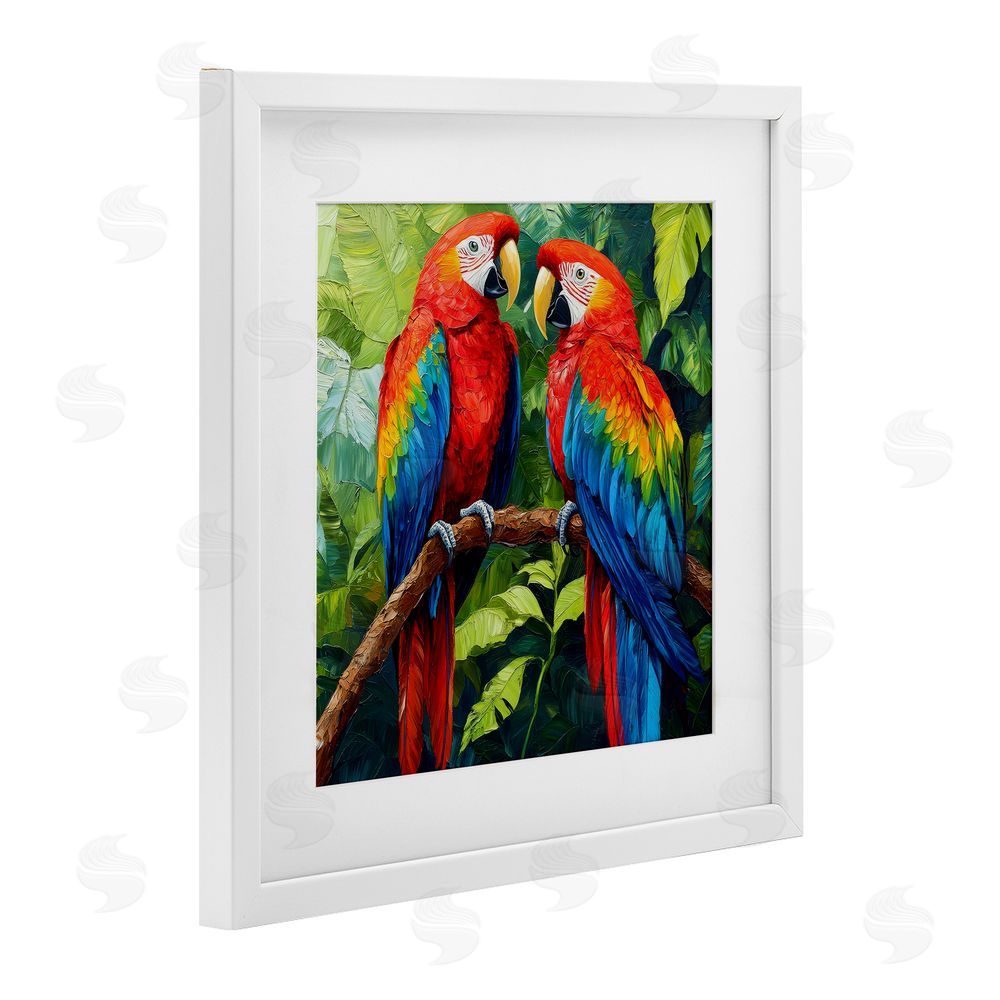 Petal Prints Design Tropical Parrot Pair White Framed Print Under Glass with White Mat Wall Art