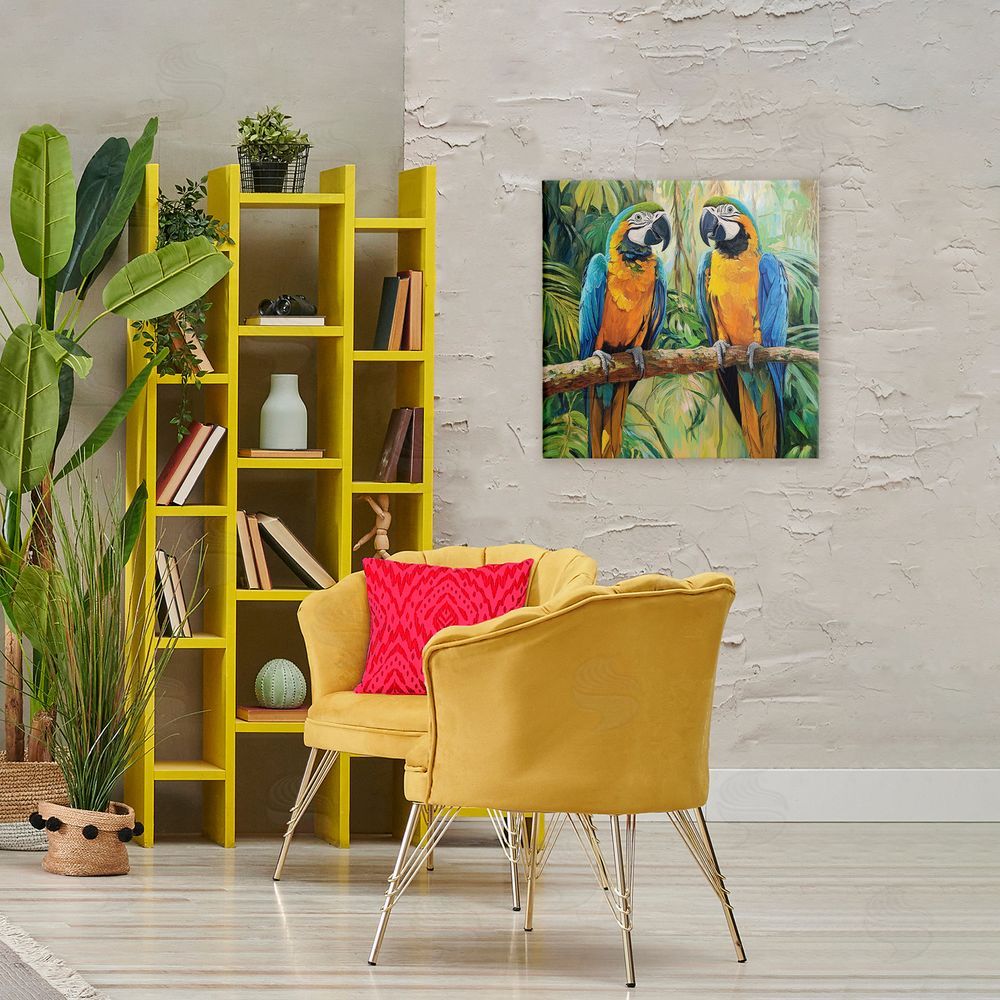 Petal Prints Design Two Macaws Among Foliage Stretched Canvas on Wall