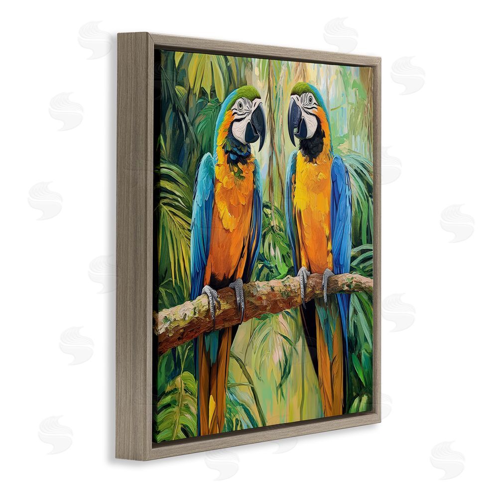 Petal Prints Design Two Macaws Among Foliage Brown Floating Framed Canvas Wall Art Print