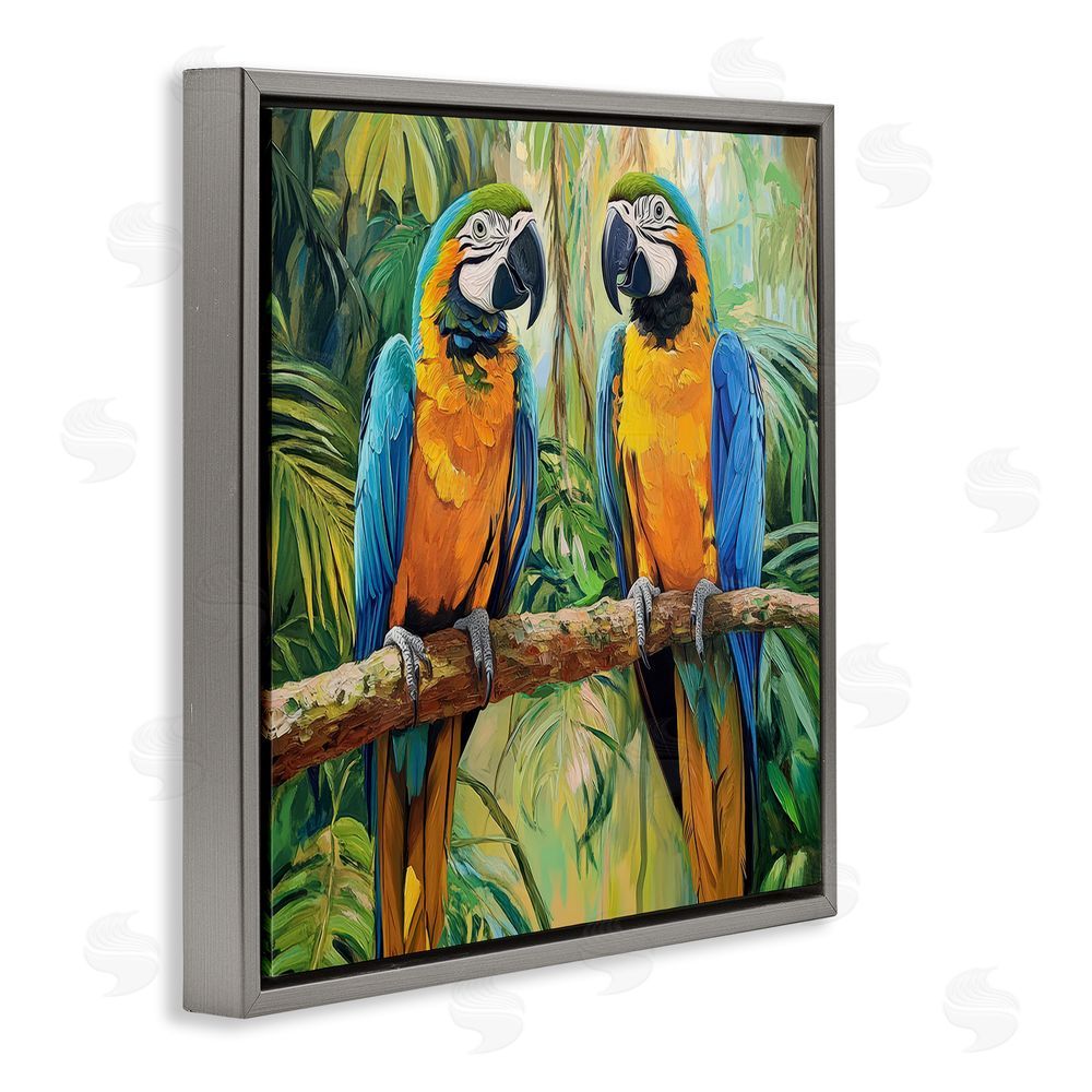 Petal Prints Design Two Macaws Among Foliage Gray Floating Framed Canvas Wall Art Print