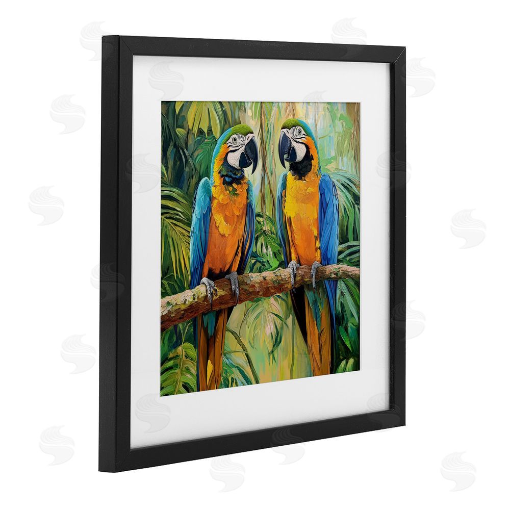 Petal Prints Design Two Macaws Among Foliage Black Framed Print Under Glass with White Mat Wall Art