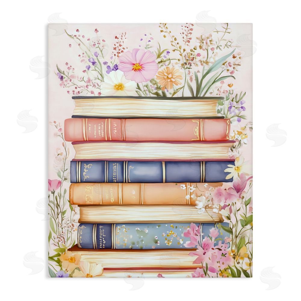 LSR Design Studio Blooming Bookstack in Pastels Stretched Canvas Wall Art Print