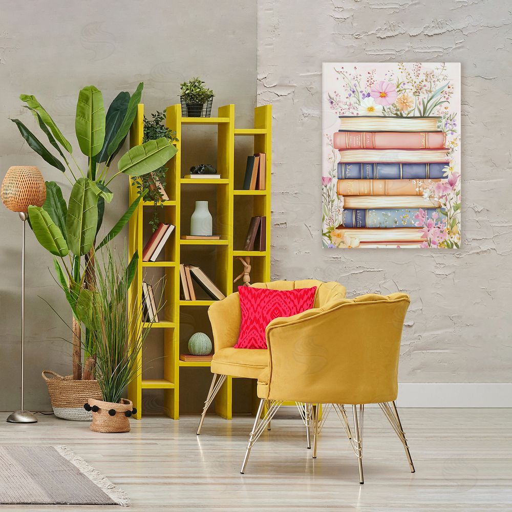 LSR Design Studio Blooming Bookstack in Pastels Stretched Canvas Wall Art Print in Room