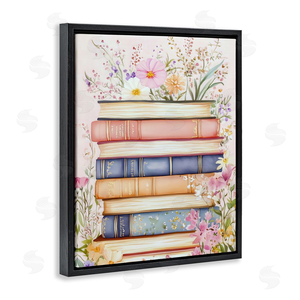 LSR Design Studio Blooming Bookstack in Pastels Black Floating Frame Stretched Canvas Wall Art Print