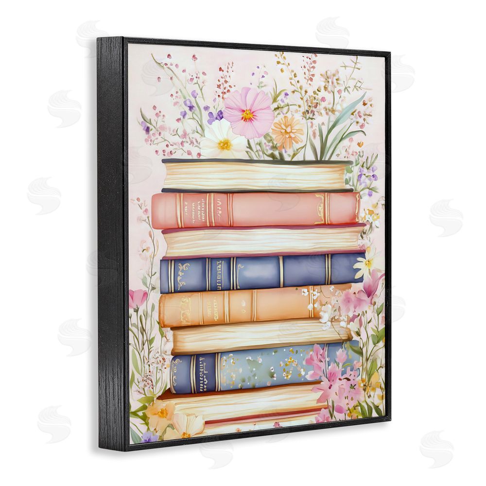 LSR Design Studio Blooming Bookstack in Pastels Black Framed Giclee Wall Art Print
