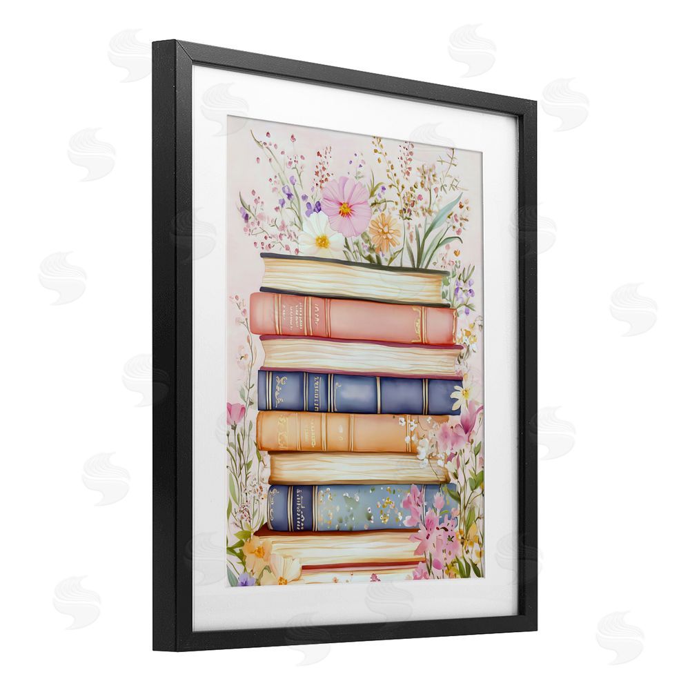 LSR Design Studio Blooming Bookstack in Pastels Black Framed Print Under Glass with Matting Wall Art