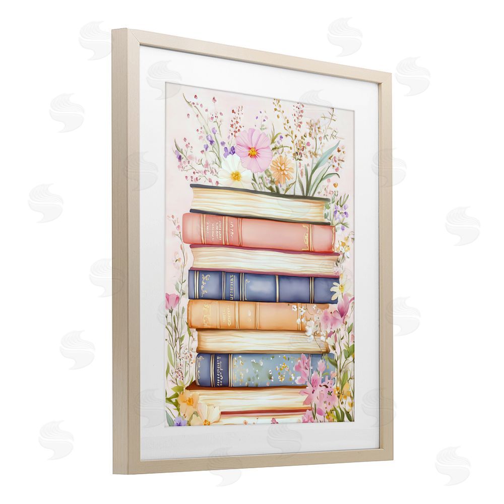 LSR Design Studio Blooming Bookstack in Pastels Brown Framed Print Under Glass with Matting Wall Art