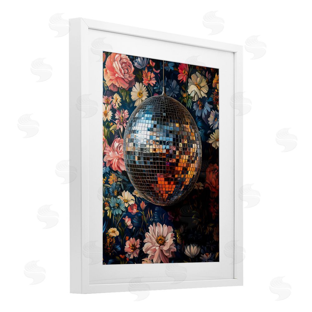 LSR Design Studio Floral Disco Ball Reflection White Framed Print Under Glass Wall Art