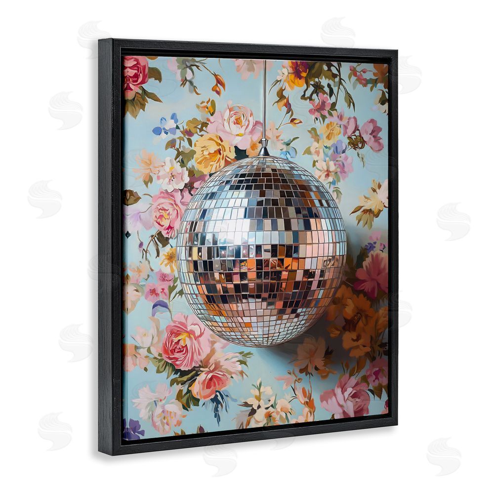 LSR Design Studio Floral Disco Ball Reflection Black Floating Frame Canvas Wall Art Print